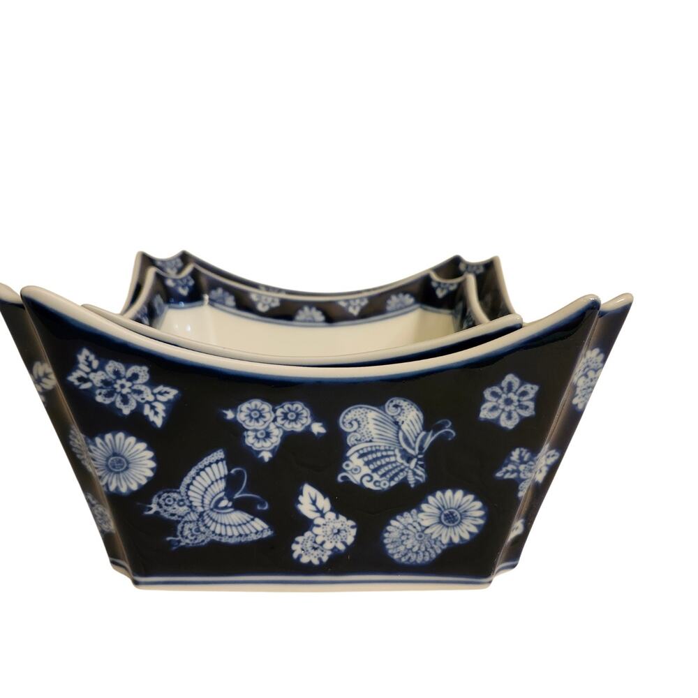 Vtg 2 Bombay Company Square Nesting Bowls Blue / White Butterflies Floral 90's